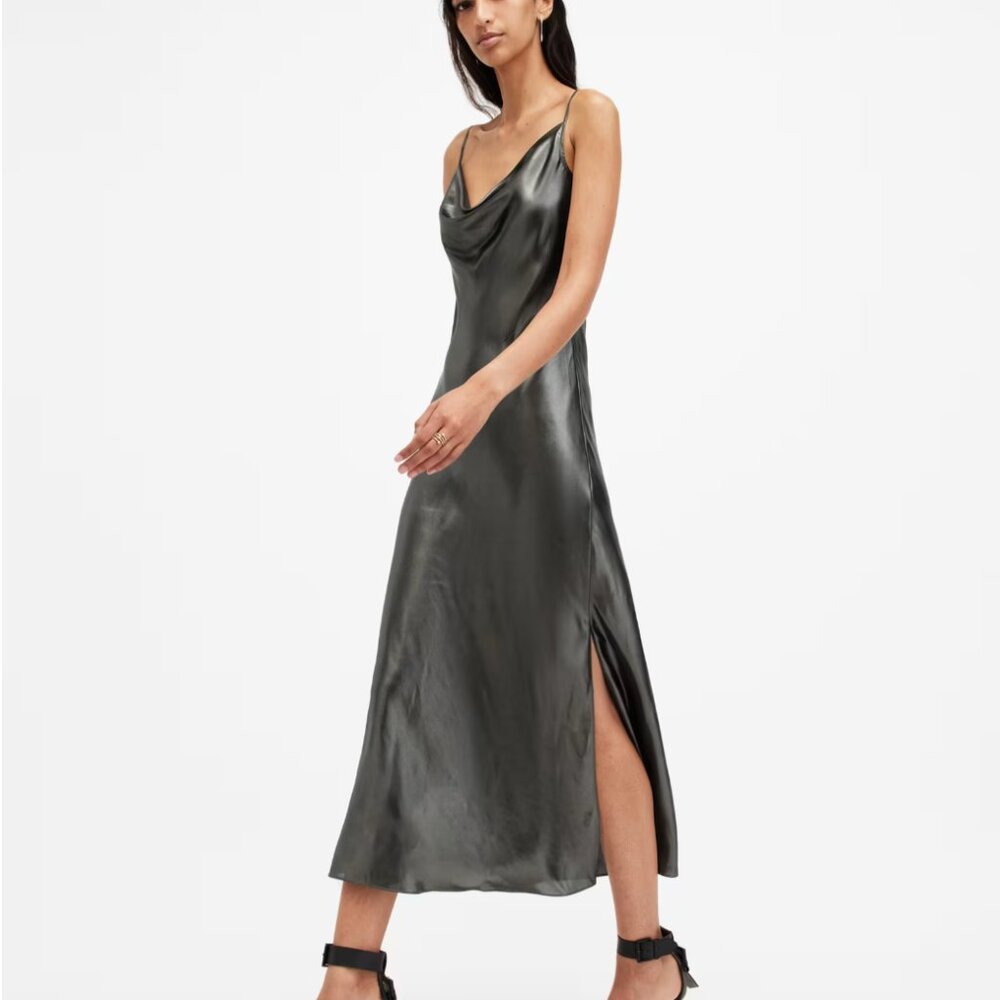 Midi cowl neck slip dress- shiny silver